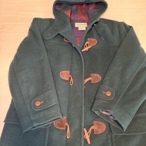 Vintage LL Bean Green Duffle Wool Coat, Plaid Lining, Women’s Medium, USA Made